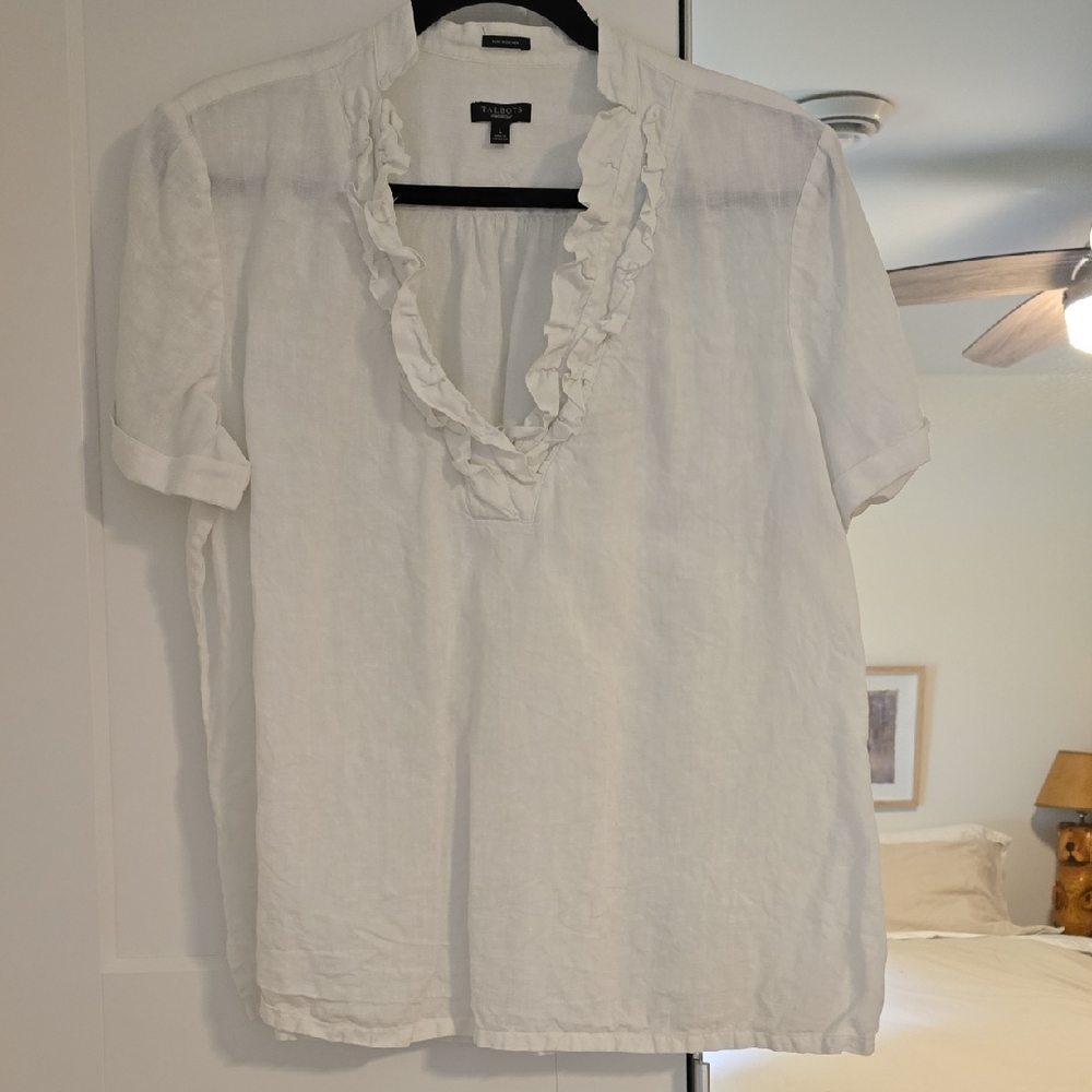 Talbots White Ruffled Short Sleeve Blouse 100% Pure Irish Linen Size L